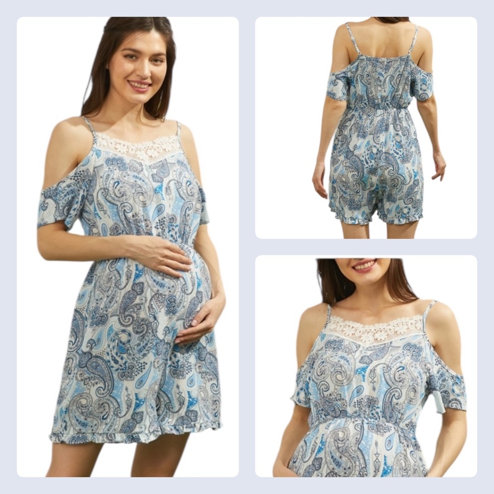 Maternity Lace Blue Paisley Cold Shoulder Romper  Dress Size Medium